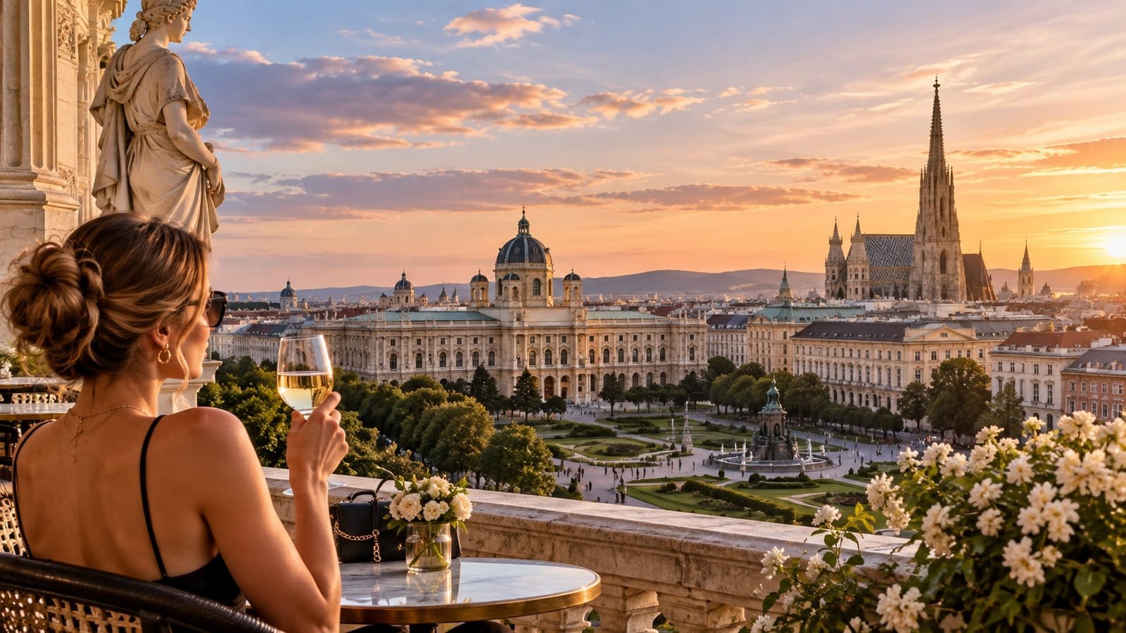 Vienna at golden hour from a palace terrace: the Natural History Museum dome, Maria-Theresien-Platz and the spire of St. Stephen's Cathedral